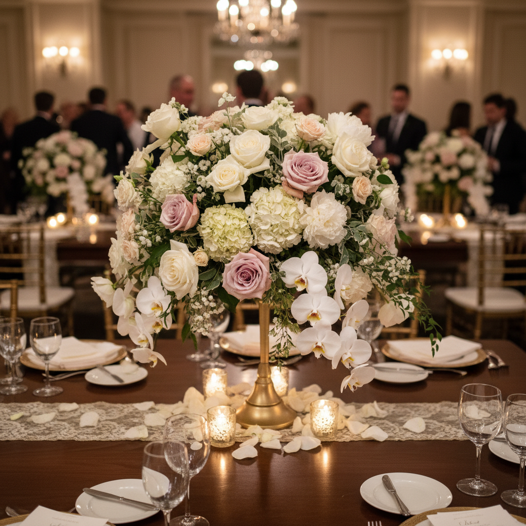 Abundant floral display at a wedding event