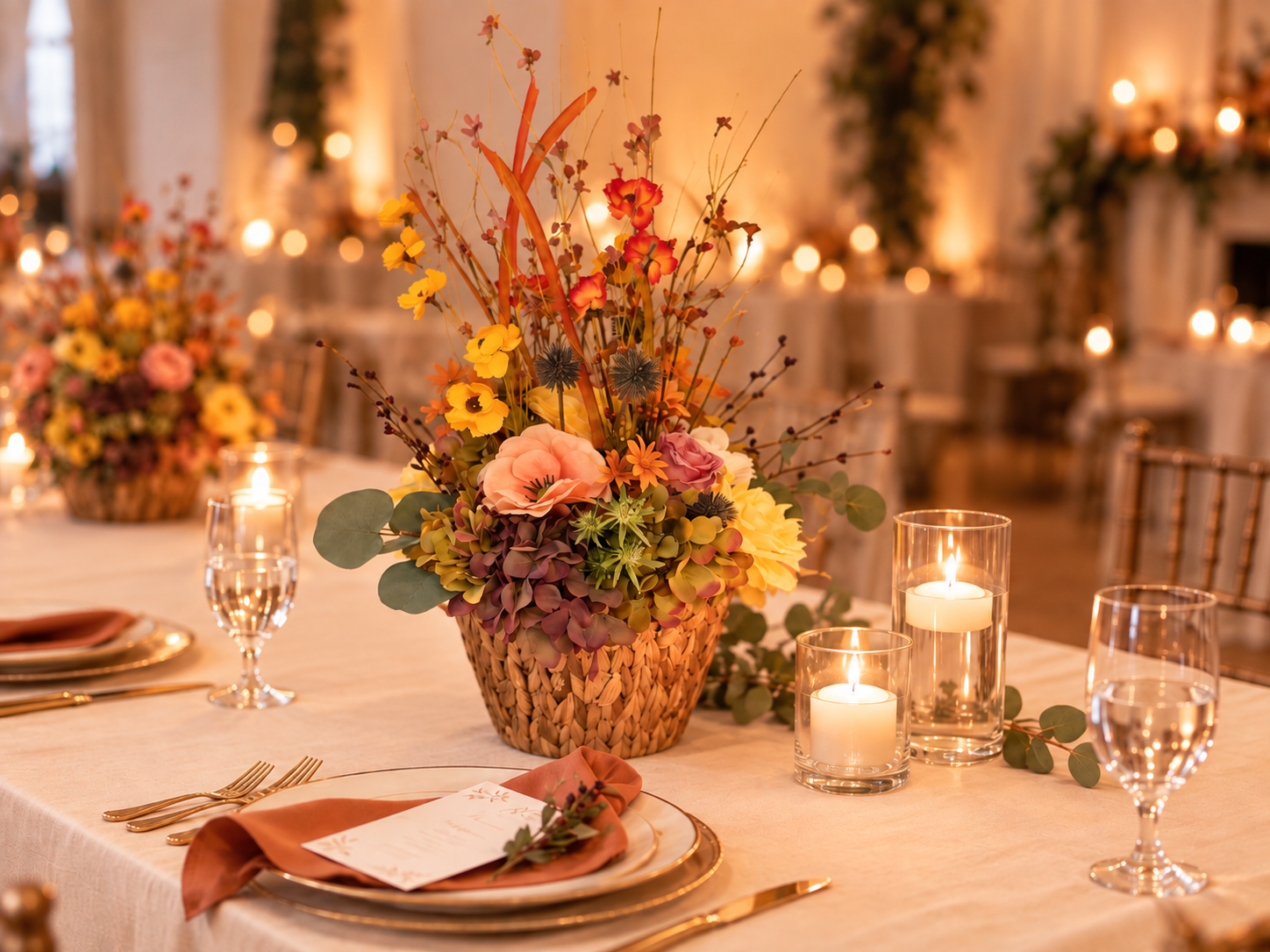 Elegant wedding reception table with floral decorations