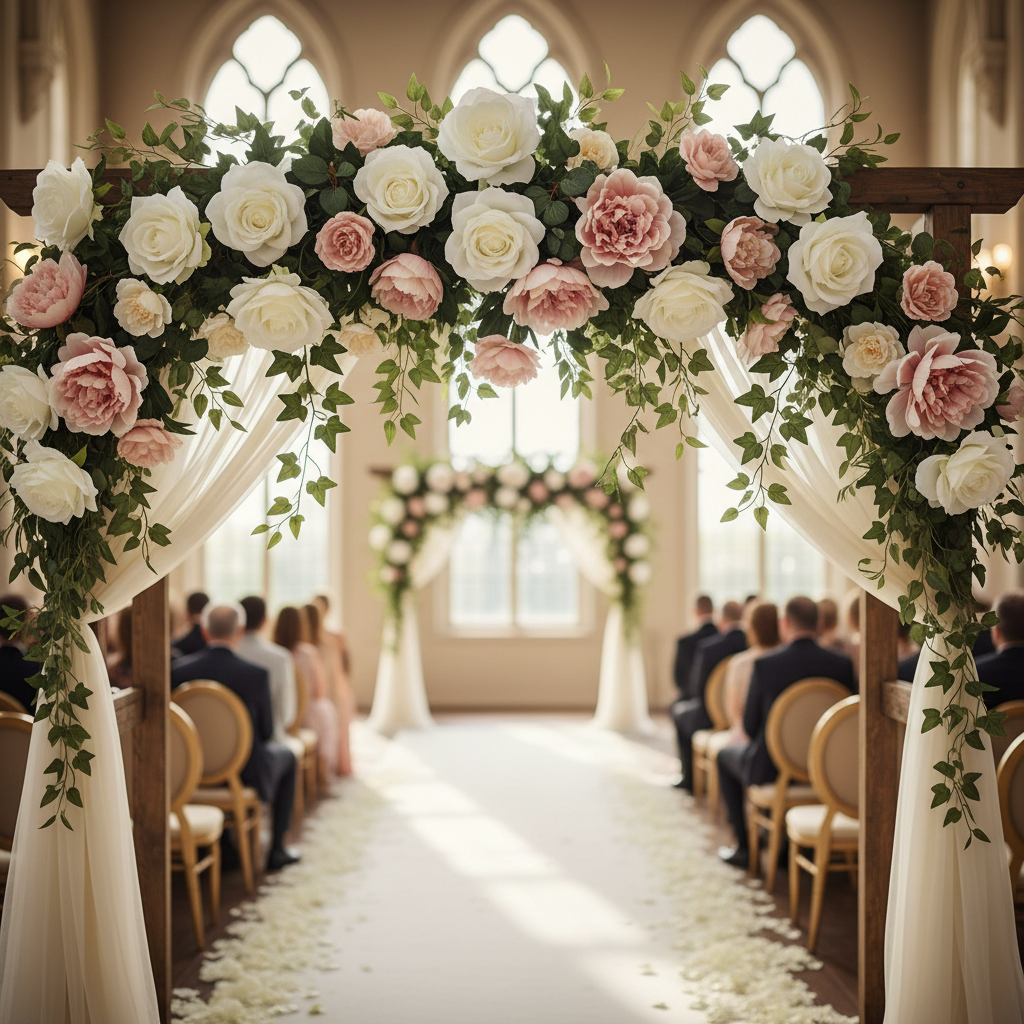 Romantic wedding aisle decorated with flowers and petals