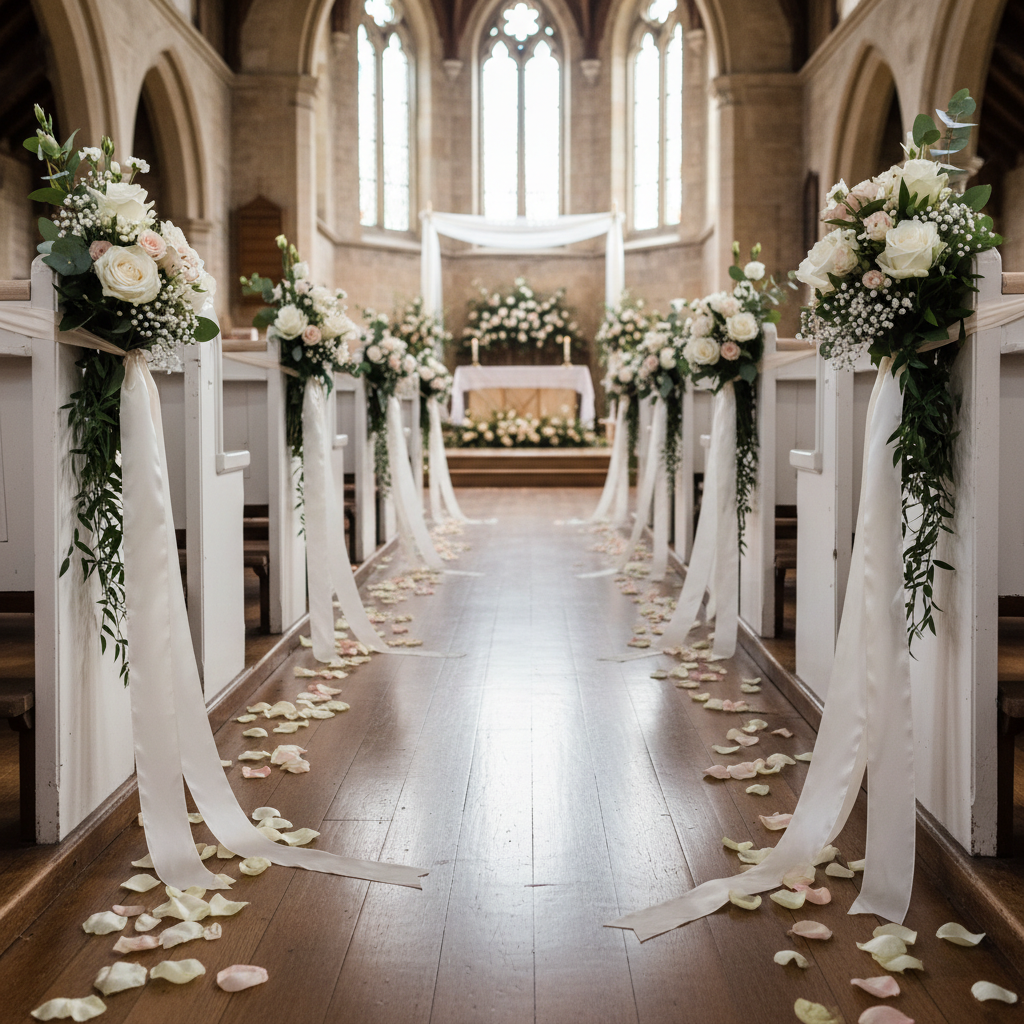 Elegant wedding aisle decorated with soft floral arrangements and ribbon