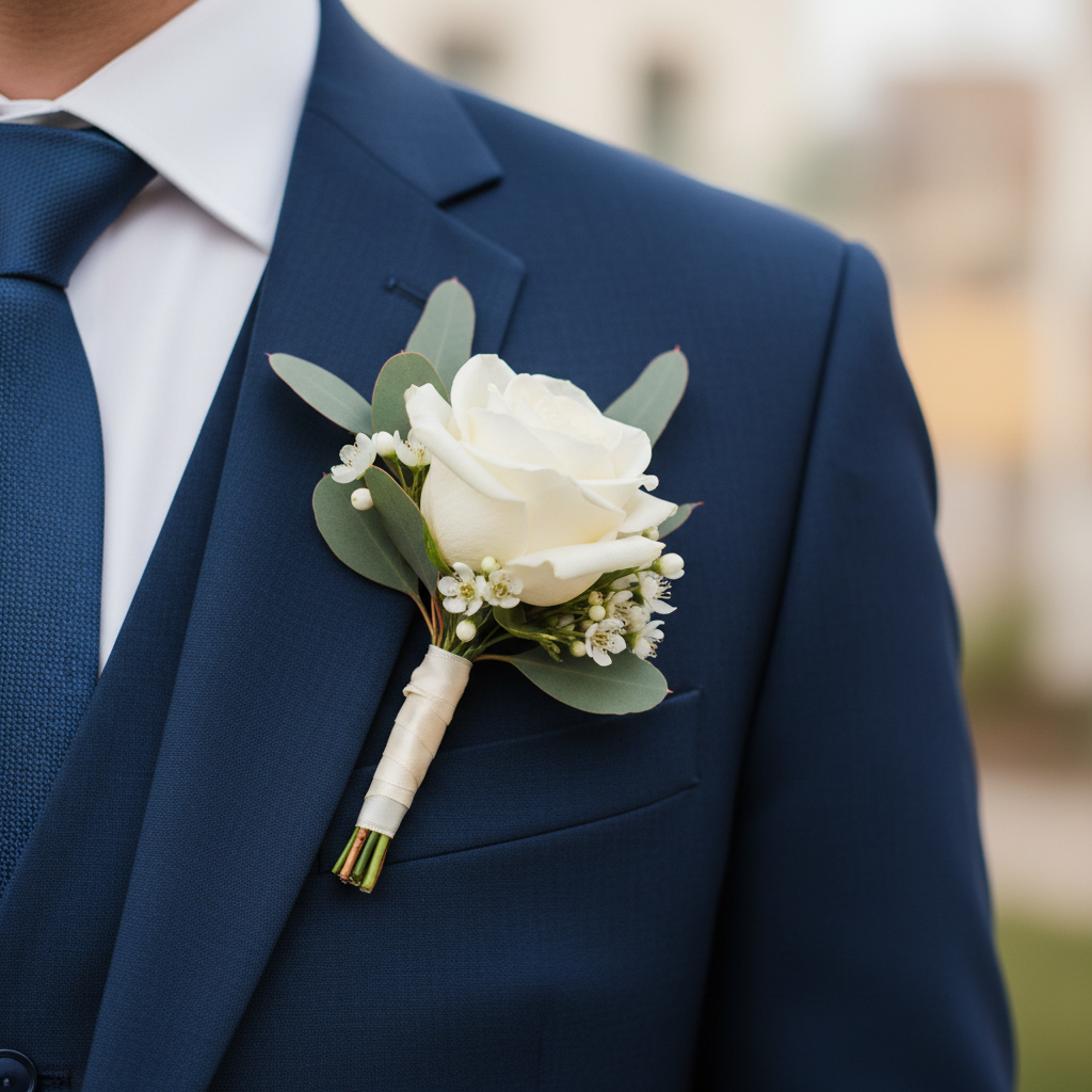 Elegant groom buttonhole with a white rose on a suit lapel