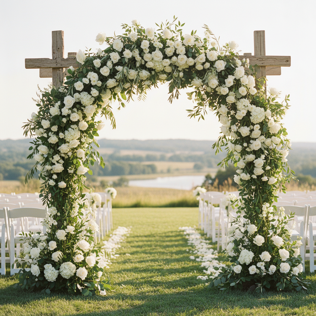 A stunning wedding ceremony arch adorned with white roses and lush greenery